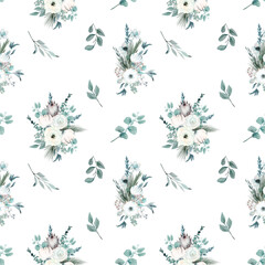 Fototapeta na wymiar Seamless pattern of watercolor winter bouquets with white flowers, eucalyptus and pine branches, illustration on white background