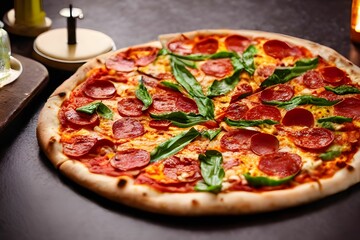 Closeup shot of a gourmet cheesy sliced pizza with pepperoni and basil - obrazy, fototapety, plakaty
