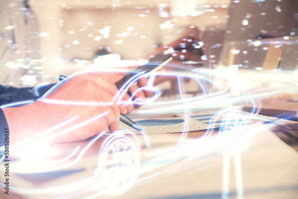 Poster Double exposure of man's hands holding and using a digital device and automobile theme hologram drawing. Technology concept.