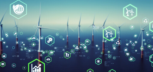 Offshore wind power generation and environmental technology. Wide image for banners, advertisements.