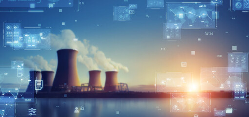Nuclear power plant and technology. Wide image for banners, advertisements. - obrazy, fototapety, plakaty