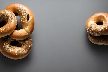 Top view of a gray background with bagels and copy space