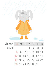 Vector vertical calendar for March 2023 with a rabbit in a raincoat in the rain. The week starts on Sunday, wall calendar design, Desk calendar 2023, planner template