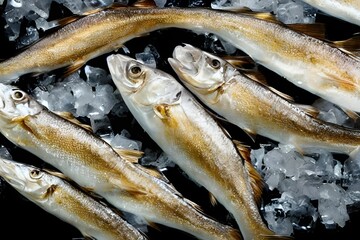 Top shot of golden European smelt out of the water with pieces of ice