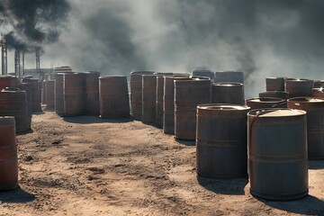 Closeup of metal barrels with chemical waste in the form of fog background