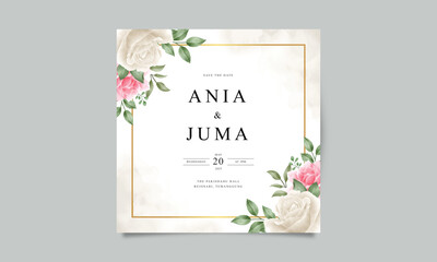 Wedding invitation card template set with roses and green leaves