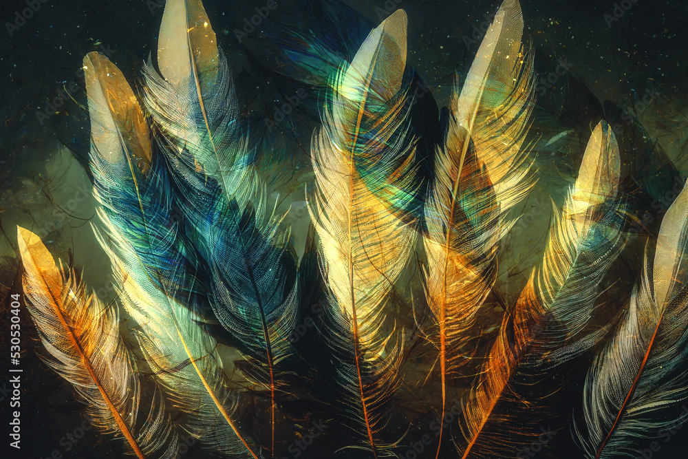 Aufkleber beautiful multicolored bird feathers in cosmic space.