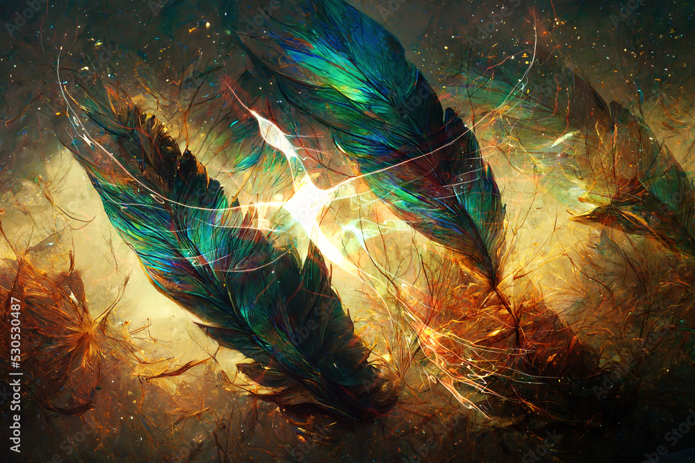 Poster beautiful multicolored bird feathers in cosmic space and phoenix.
