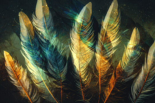 Beautiful multicolored bird feathers in cosmic space.