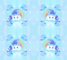 Seamless pattern with cute unicorns and rainbow