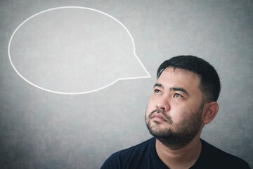 Asian man who is thinking something with speech bubble with empty space for text