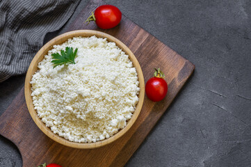 Turkish traditional homemade cottage curd cheese in bowl, healthy dairy product