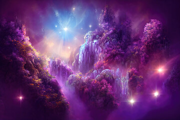 Wunderschöne mystische Landschaft mit einem Kristallwasserfall und einem wunderschönen lila Wald im kosmischen Raum.