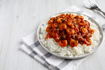 Homemade Cuban Shrimp Creole on a Plate, side view. Space for text.