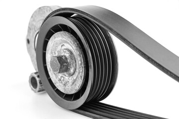 Multirib Belt with Pulley on white background close-up view
