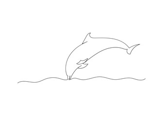 Continuous line drawing of dolphin with the ocean. Minimalism art.