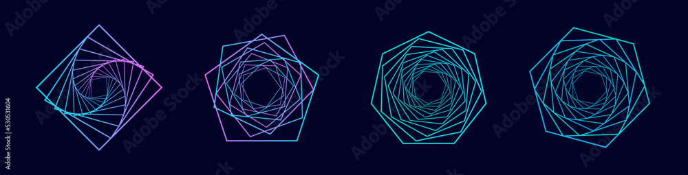 Poster set of twisted spirals. sacred geometry. tunnel with lines in the form of a circle and hexagons. vec