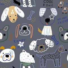Seamless pattern with creative dog characters. Childish funny puppy texture. Vector illustration