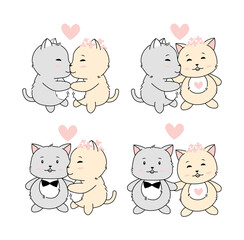 Flat vector kawaii cats in love. Postcard, invitation. Romantic, childish and cute.
