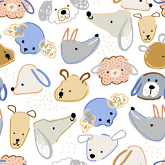 Seamless dog face pattern. Hand drawn cute dogs texture. Vector illustration