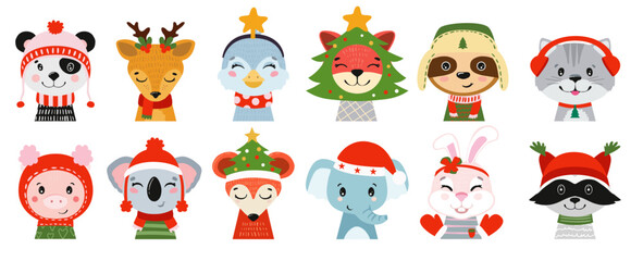 Set of christmas illustrations for the heads of animals. Vector xmas illustration of beautiful mammals.