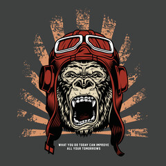 Vector illustration, ferocious gorilla head on with helm, on dark background