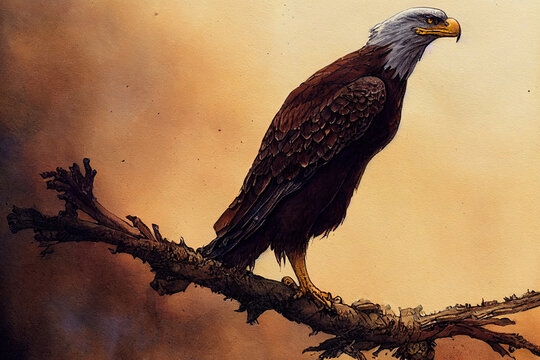 American eagle watercolor painting. Majestic bald eagle looking in the distance. Beautiful artwork of bird. Powerful illustration. White head with brown feathers and yellow beak. Drawing USA symbol.
