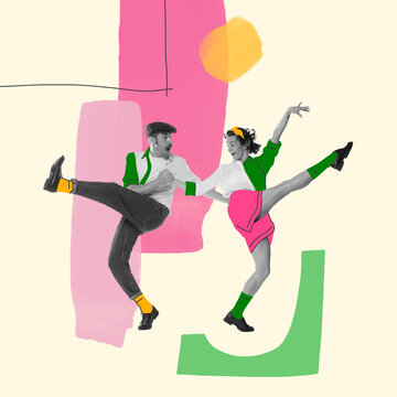 Contemporary art collage. Stylish young people, man and woman dancing, having fun. Romantic