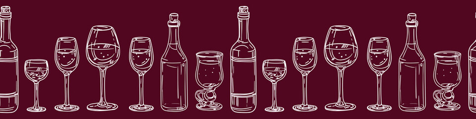 Linear seamless alcoholic pattern with the outline of bottles and glasses of wine on a dark background. Suitable for printed products on fabric and paper. Kitchen illustration, bar, restaurant, cafe.