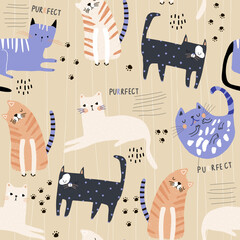 Seamless childish pattern with cute hand drawn cats. Creative kids hand drawn texture for fabric, wrapping, textile, wallpaper, apparel. Vector illustration