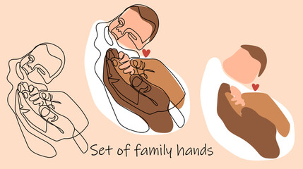 Set linear sketch of a family with a newborn. Hands hugging together. Individual sketches are a line, colored spots are spots with a line. Suitable for greeting card, print on clothes, flyers.