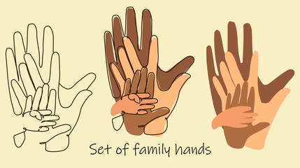 Fototapeta premium A set of linear, blotchy and mix sketches of the family's hands. The hands of a father, mother and two children embrace. Interracial marriage. Suitable for greeting card, print on clothes, flyers.
