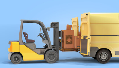 delivery from the store concept The loader loads boxes with equipment into the body of a minibus 3d render on blue background