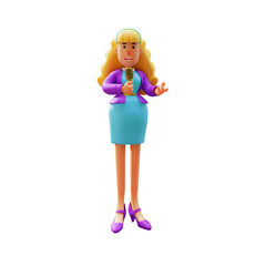  3D illustration.3D Business Woman Cartoon Design Talking in Microphone. like saying something. laughing expression. 3D Cartoon Character