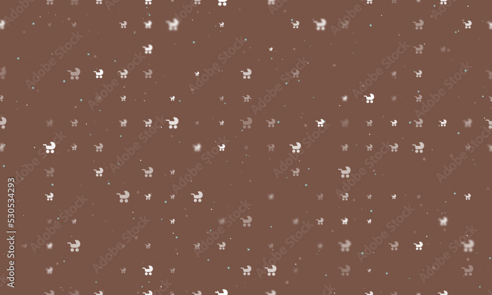 Poster seamless background pattern of evenly spaced white baby carriage symbols of different sizes and opac