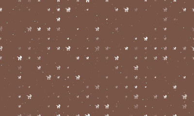 Seamless background pattern of evenly spaced white baby carriage symbols of different sizes and opacity. Vector illustration on brown background with stars