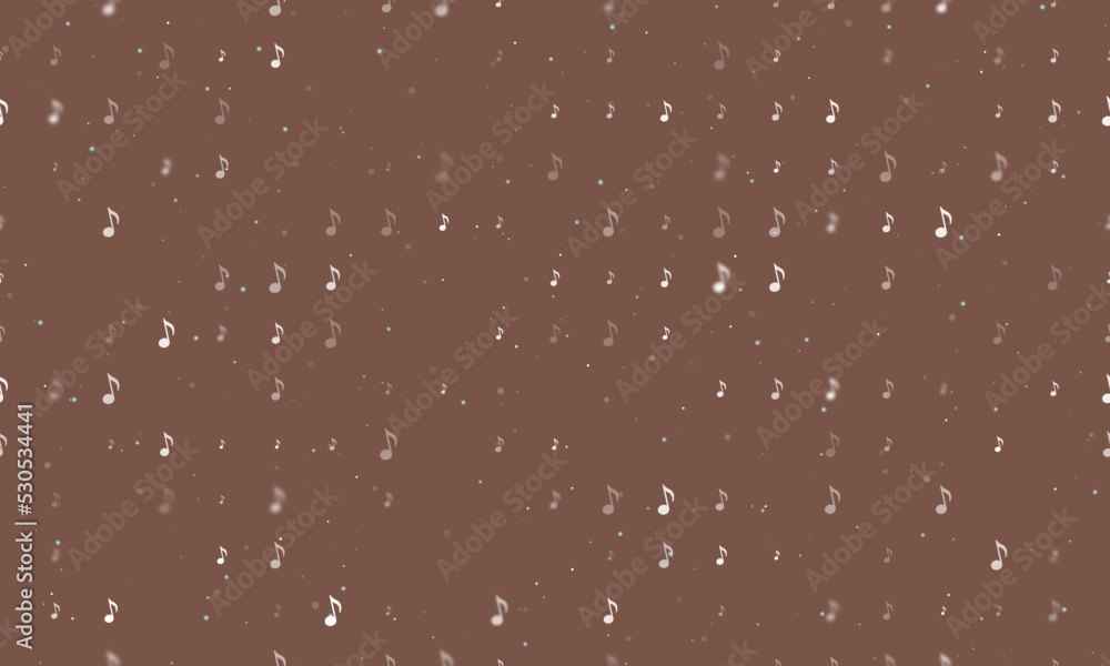 Poster seamless background pattern of evenly spaced white musical note symbols of different sizes and opaci