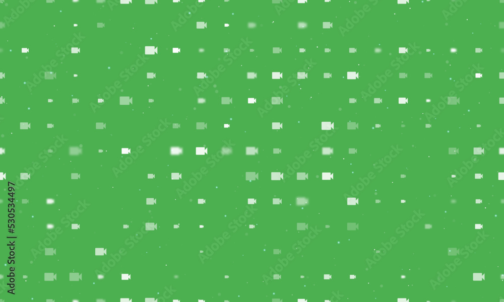 Poster seamless background pattern of evenly spaced white video camera symbols of different sizes and opaci