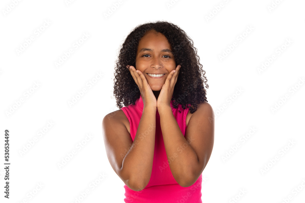 Wall mural Strong healthy straight white teeth. Close up portrait of happy beautiful teenager girl wearing pink t-shirt