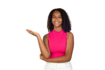 Obraz premium Attractive girl showing something with her hand