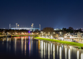 Fototapeta na wymiar Night Time View of the MCG (Melbourne Cricket Ground) from Princess Bridge. Melbourne Victoria