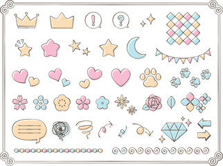 手書き風のイラストパーツセット（線＋色）
