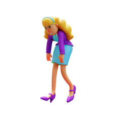  3D illustration. 3D cartoon business woman feeling tired. slightly bent body. showing a limb expression. 3D Cartoon Character