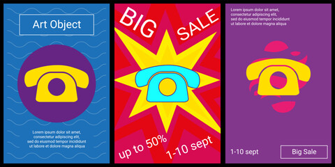 Fototapeta premium Trendy retro posters for organizing sales and other events. Large vintage telephone symbol in the center of each poster. Vector illustration on black background