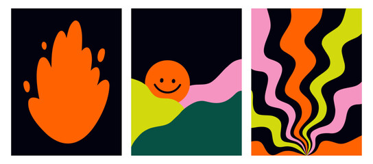Set of colorful retro backgrounds. Vector posters in the style of the 60s. Abstract landscape, flame and wavy pattern. Trendy Graphic Template. Vector illustration for invitations, covers, postcards