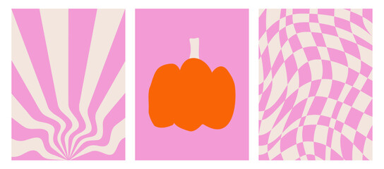 A set of colorful posters for Halloween. Prints and backgrounds in style Y2k . Checkered pink pattern, wavy background and abstract pumpkin. Modern trendy templates. Vector illustration