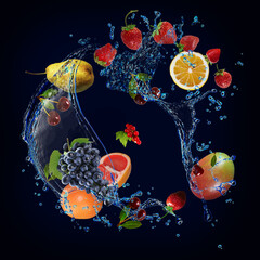 Fototapeta na wymiar Wallpaper with fruits in water - juicy strawberries0 cherry, pear, mango, grape, grapefruit are filled with vitamins