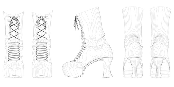 Contour of women's shoes with high heels from black lines isolated on white background. Front, side, back view. Vector illustration.