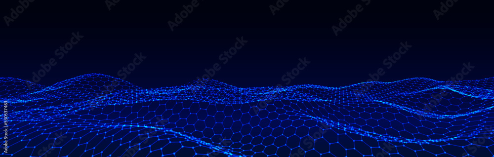 Poster digital technology wave. dark cyberspace with blue motion dots and lines. vector futuristic digital 