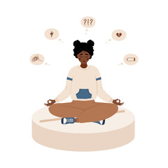 Sad african girl is sitting on large pill. Depression drugs. Unhappy woman needs medical help. Psychological illness concept. Vector illustration in flat cartoon style.